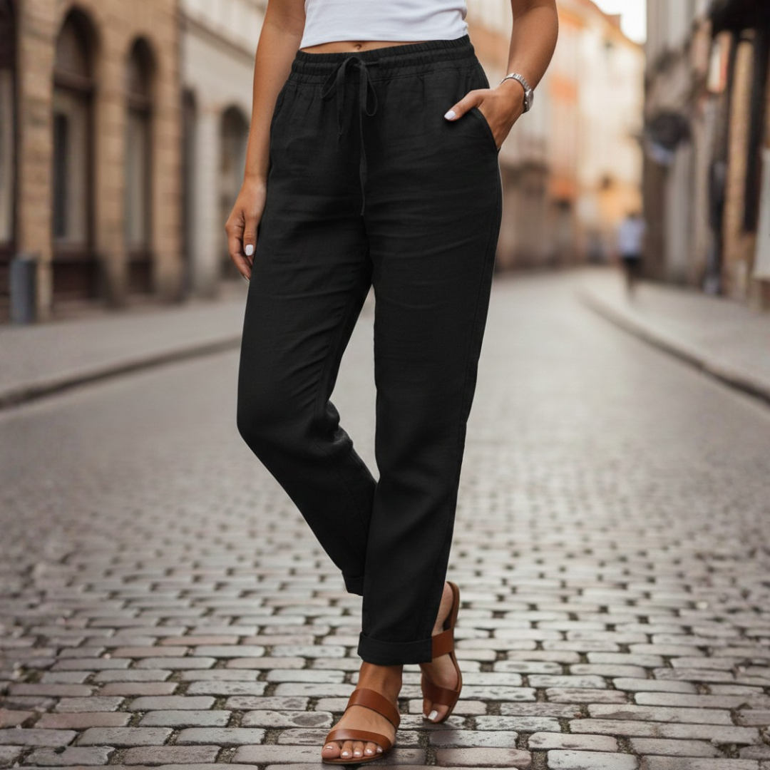 Linen Pants Drawstring Elastic Waist Tapered Women Summer