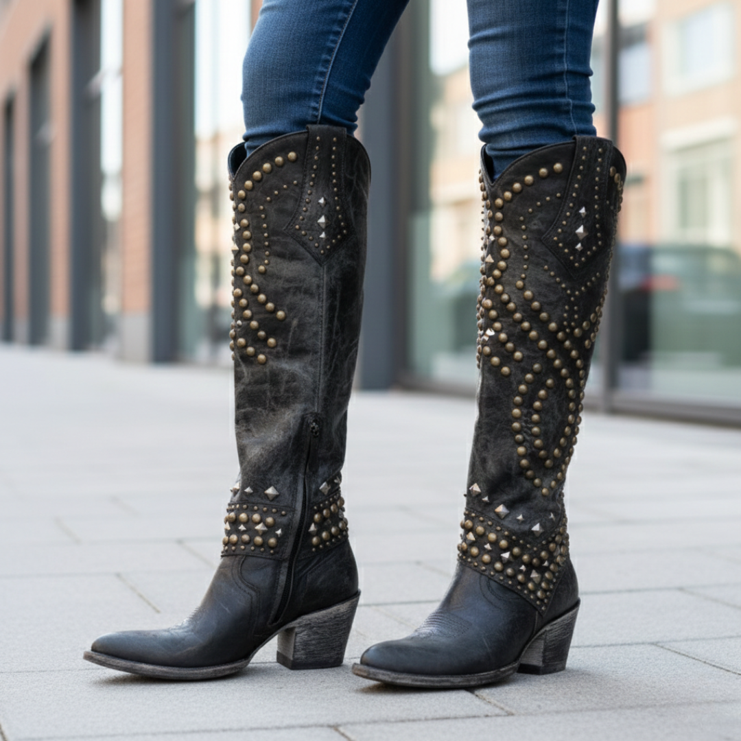 Cowboy Boots Knee-High Studded Orthopedic Womens