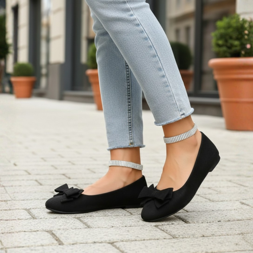 Zapatos planos de ballet de ante con lazo, sin cordones, punta redonda para mujer