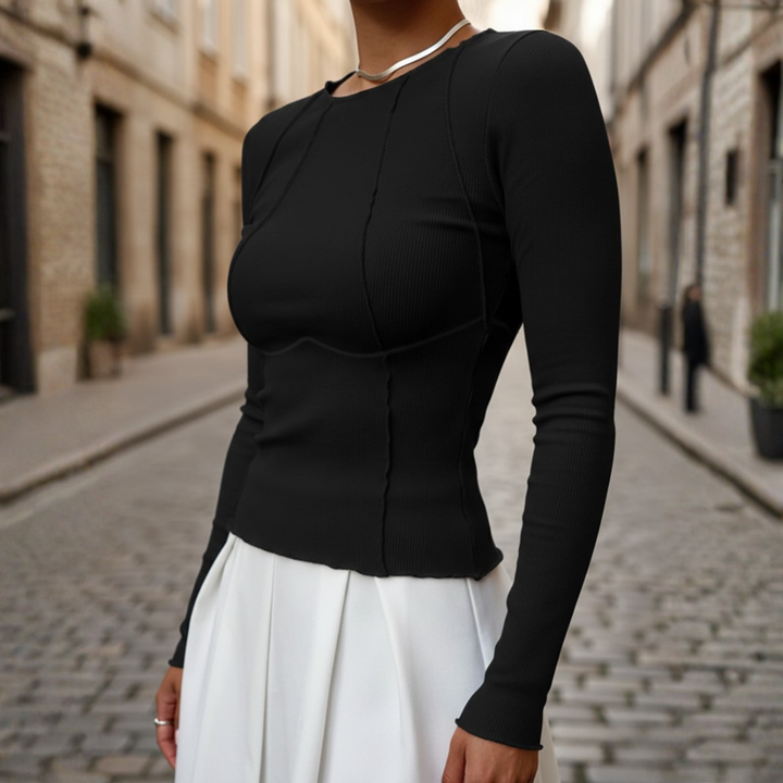 Long Sleeve Top Ribbed Piping Seam Detail Slim Fit Women