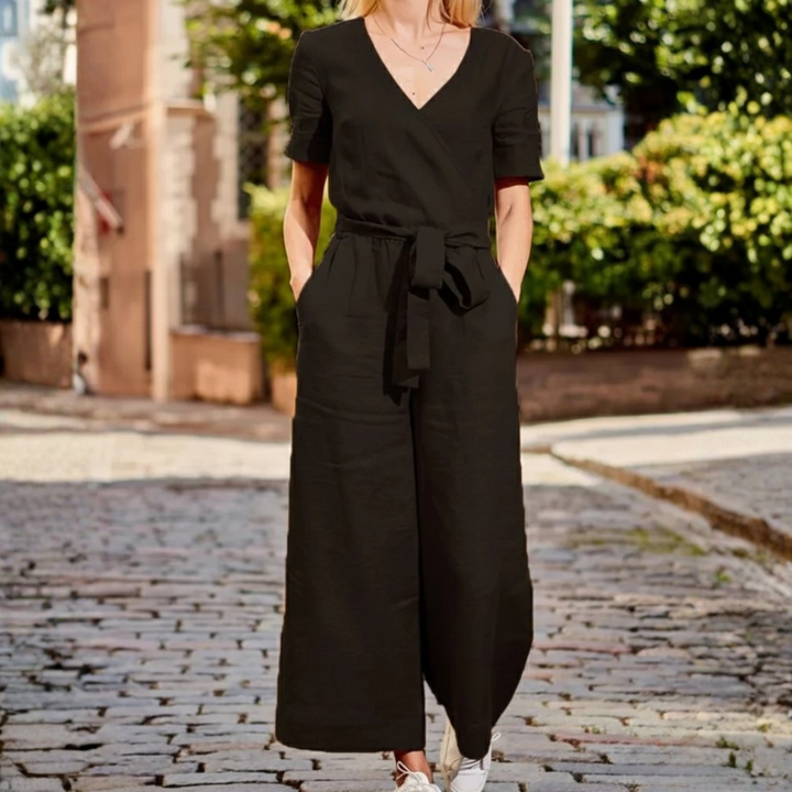 Combinaison à enfiler avec ceinture, manches courtes, jambes larges pour femme