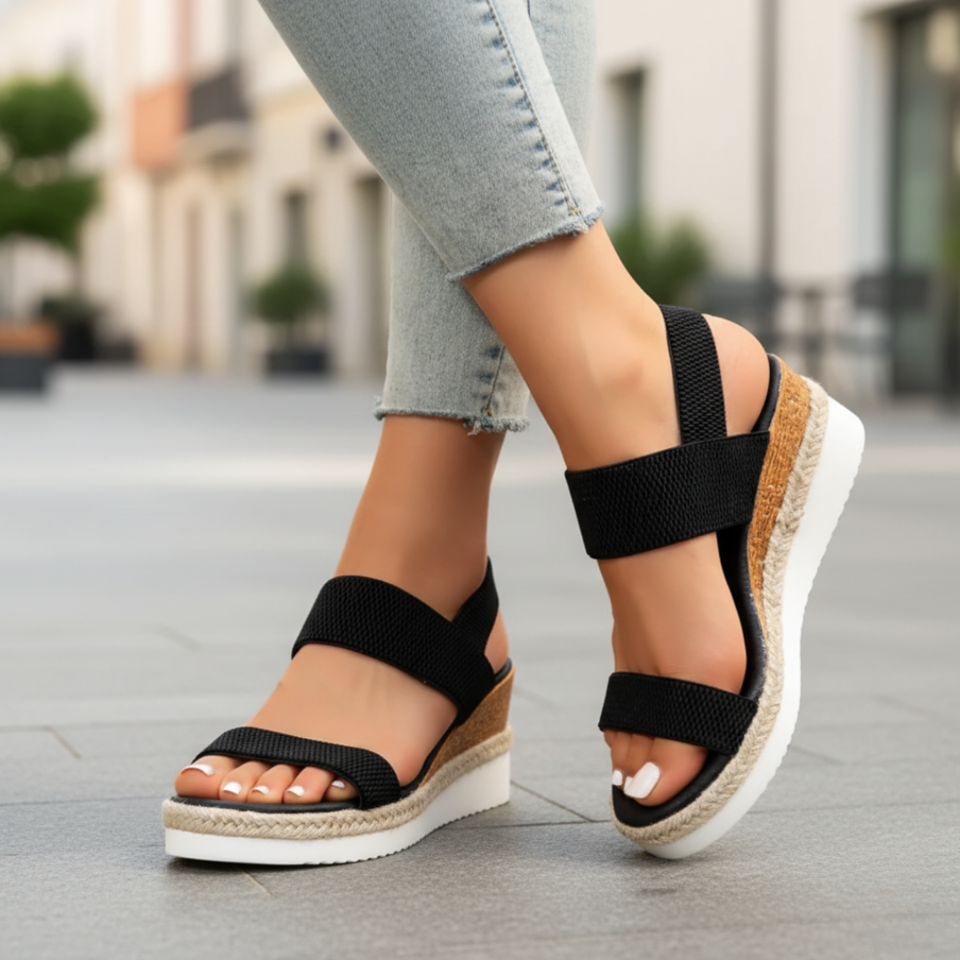 Sandalias ortopédicas de cuña de corcho con tela elástica para mujer