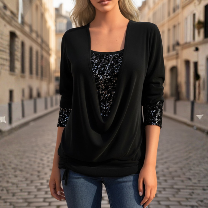 Blouse à manches longues avec col drapé et sequins, coupe décontractée pour femme