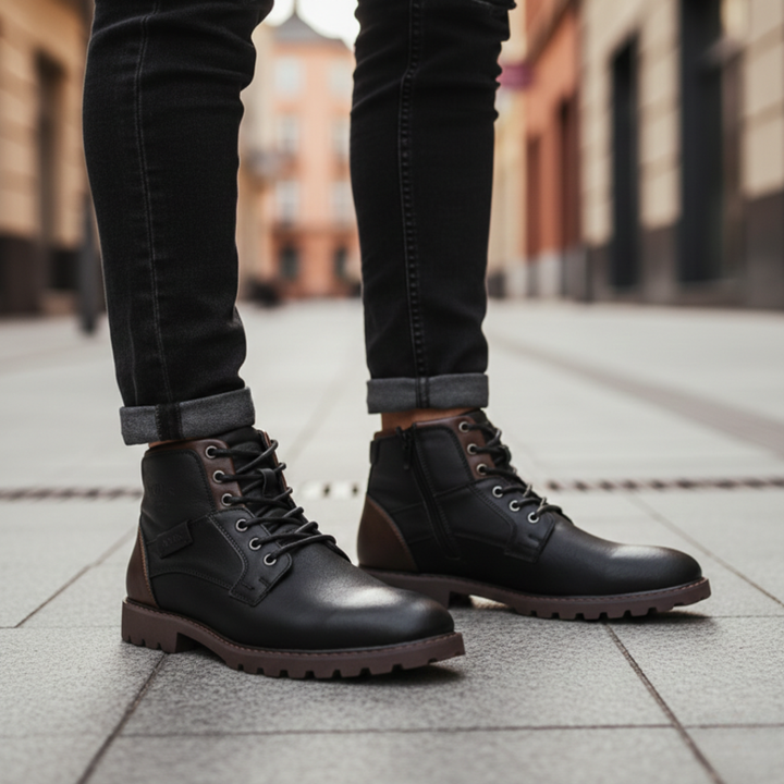 Botas de senderismo de cuero con cordones, cierre lateral ortopédico para hombre