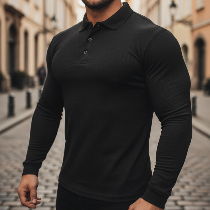 Camiseta de hombre con cuello tipo polo y mangas largas acanaladas