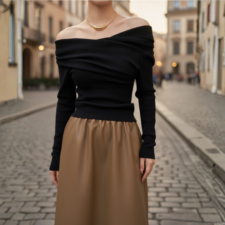 Knit Top Off Shoulder Long Sleeve Slim Fit Women