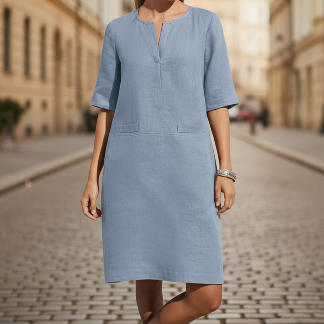 Shift Dress Short Sleeve Linen Look Womens
