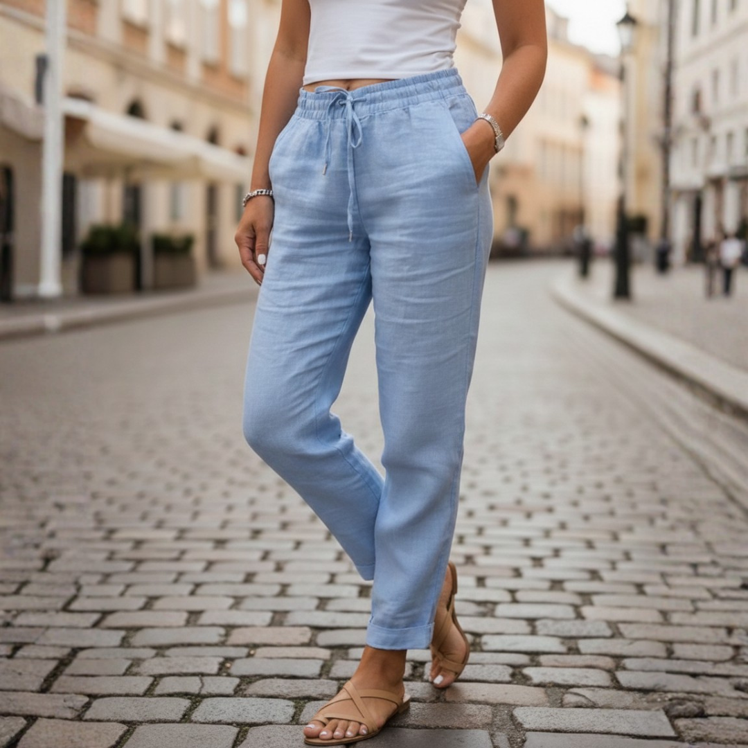 Linen Pants Drawstring Elastic Waist Tapered Women Summer