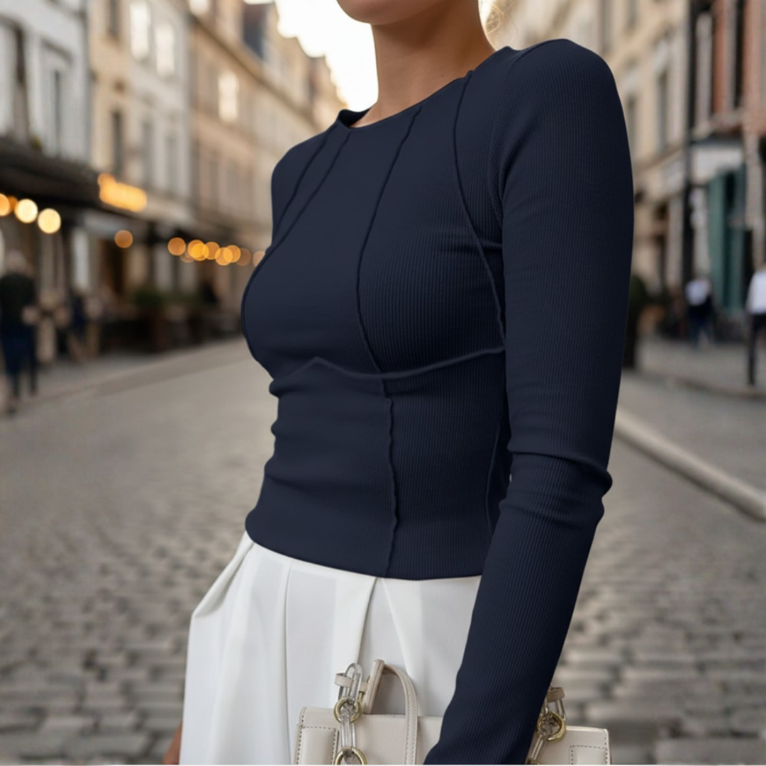Long Sleeve Top Ribbed Piping Seam Detail Slim Fit Women