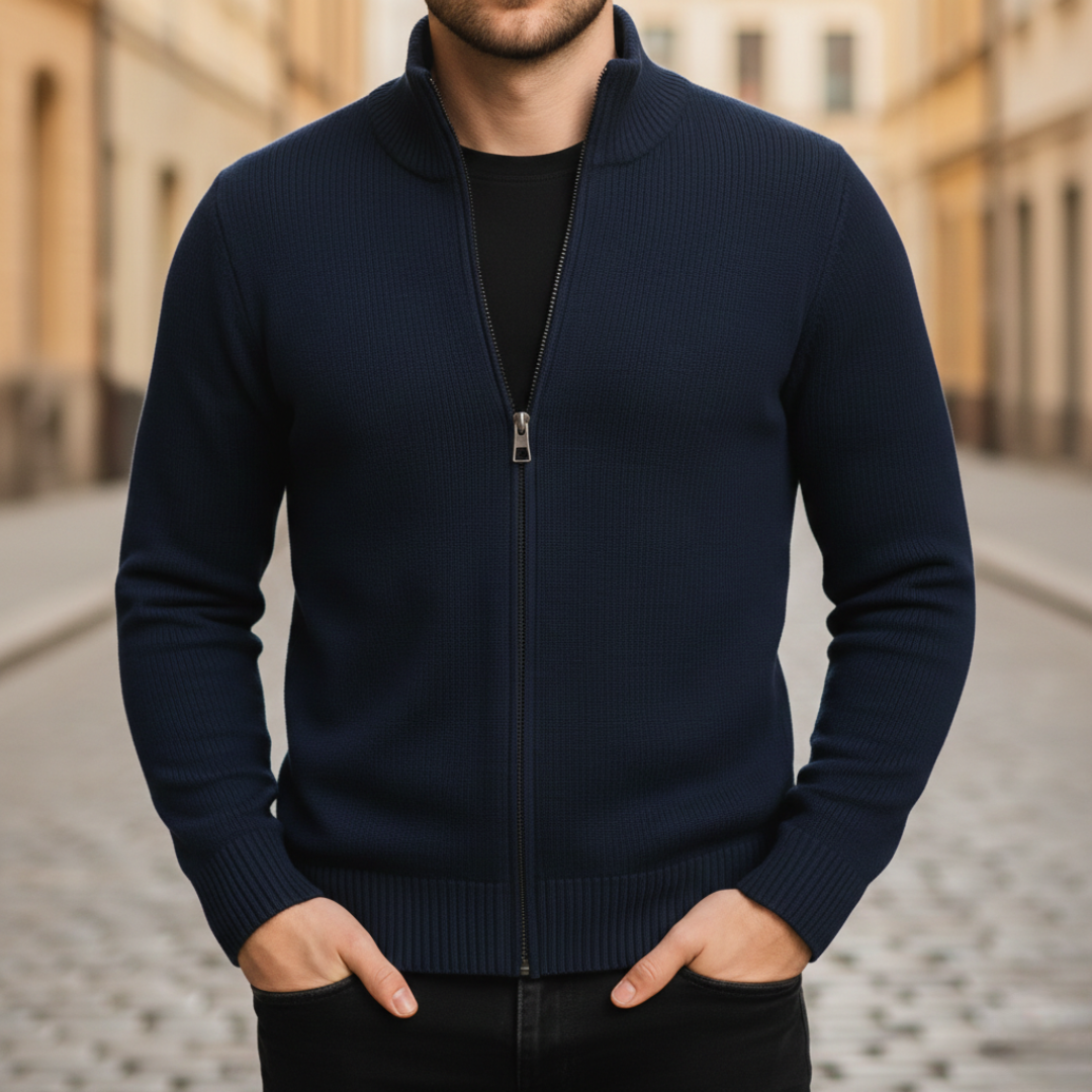 Cardigan Sweater Full Zip Ribbed Trim Mens