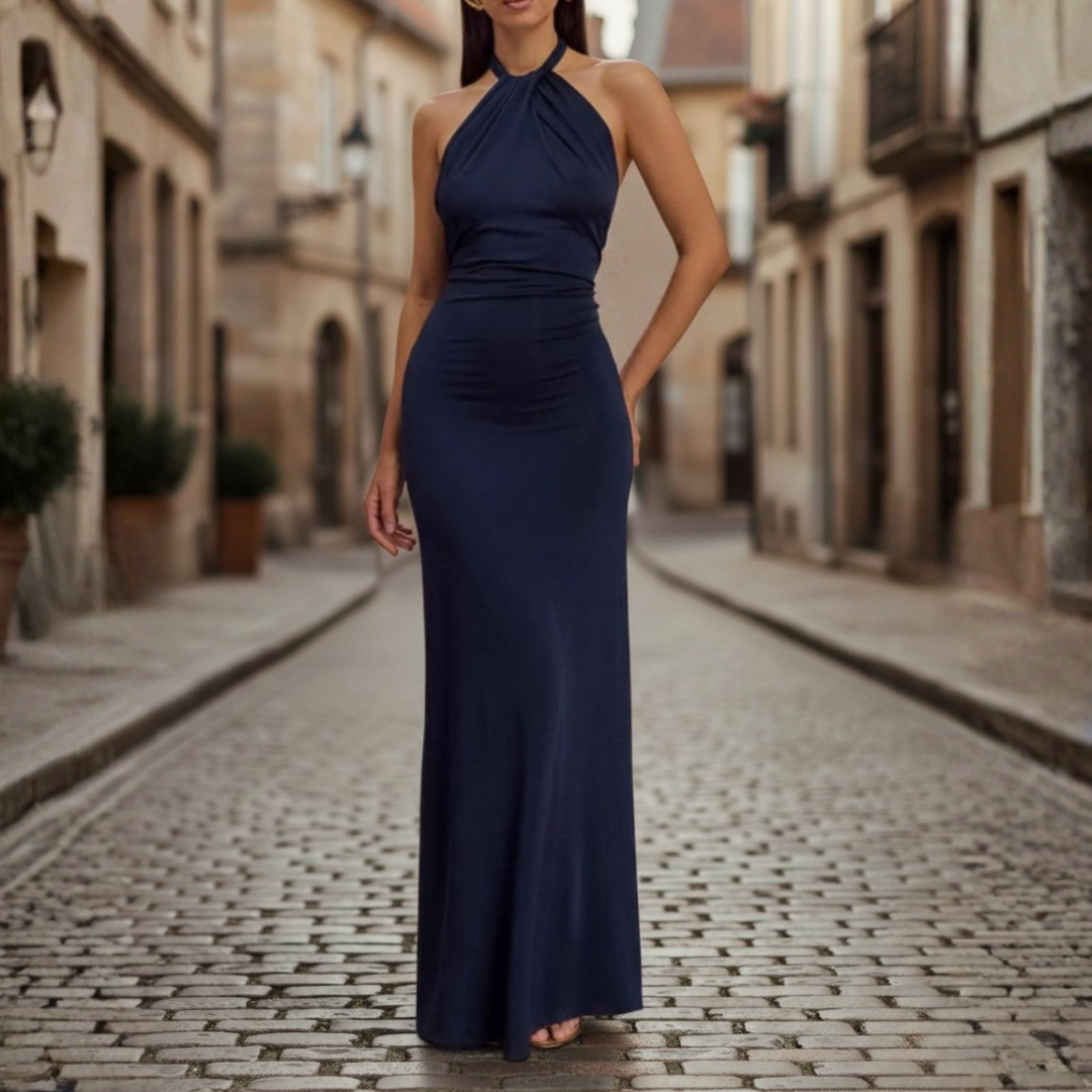 Vestido largo fruncido para mujer con cuello halter