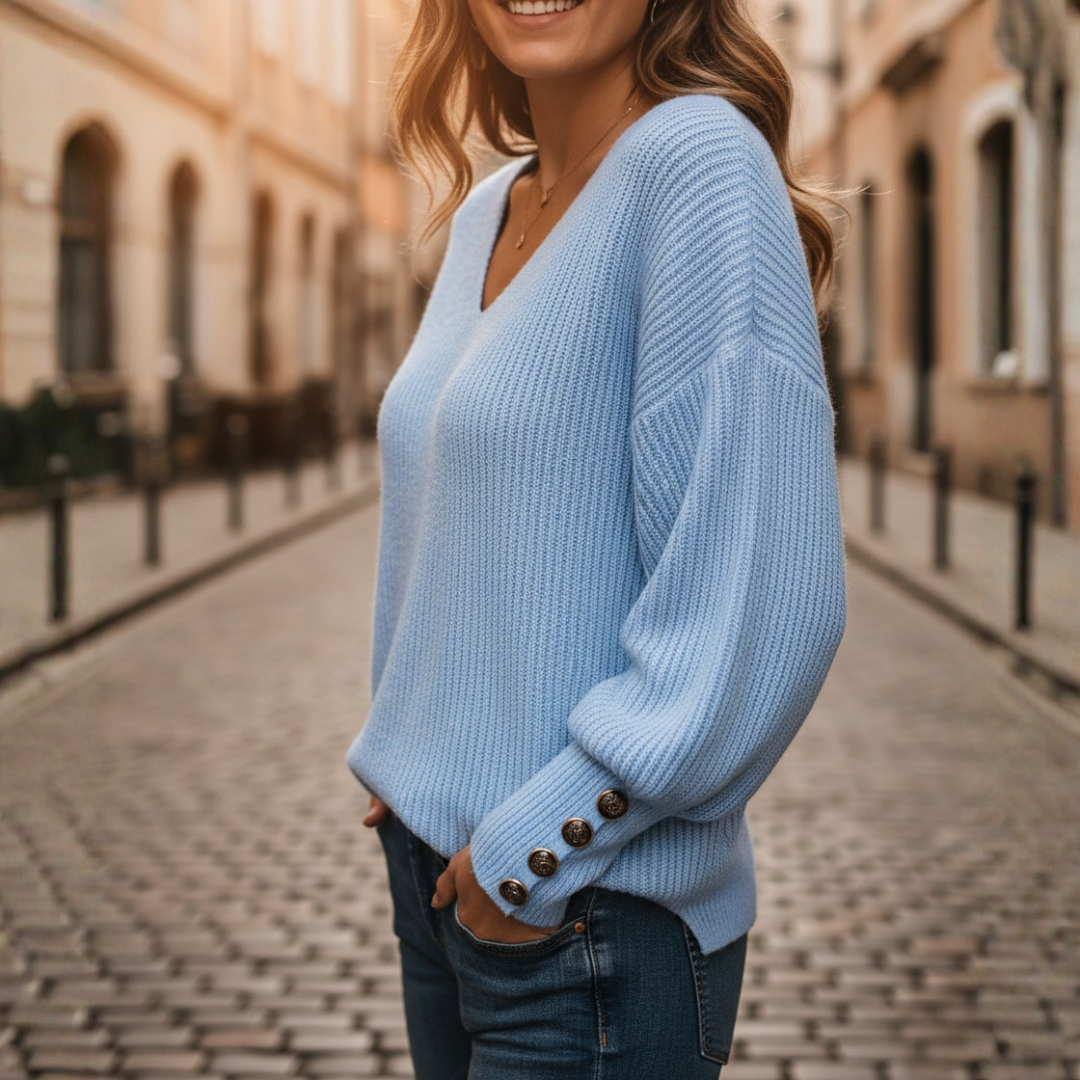 Suéter de punto con cuello en V, manga globo y puño con botones para mujer