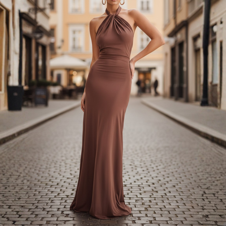 Vestido largo fruncido para mujer con cuello halter