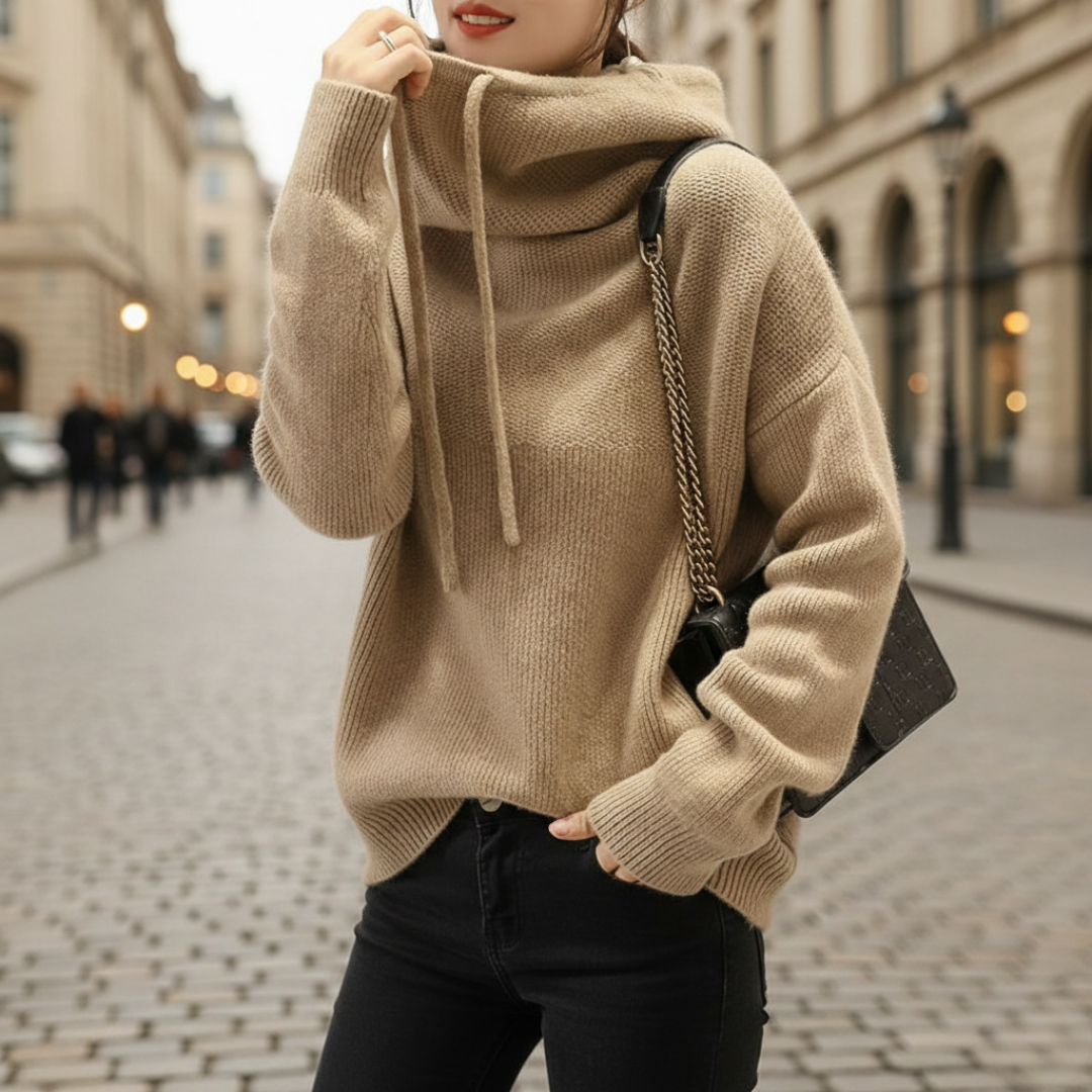 Pull à capuche tricoté à cordon côtelé surdimensionné pour femmes