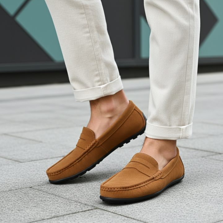 Chaussures de conduite à enfiler pour homme en daim mocassins à boucle