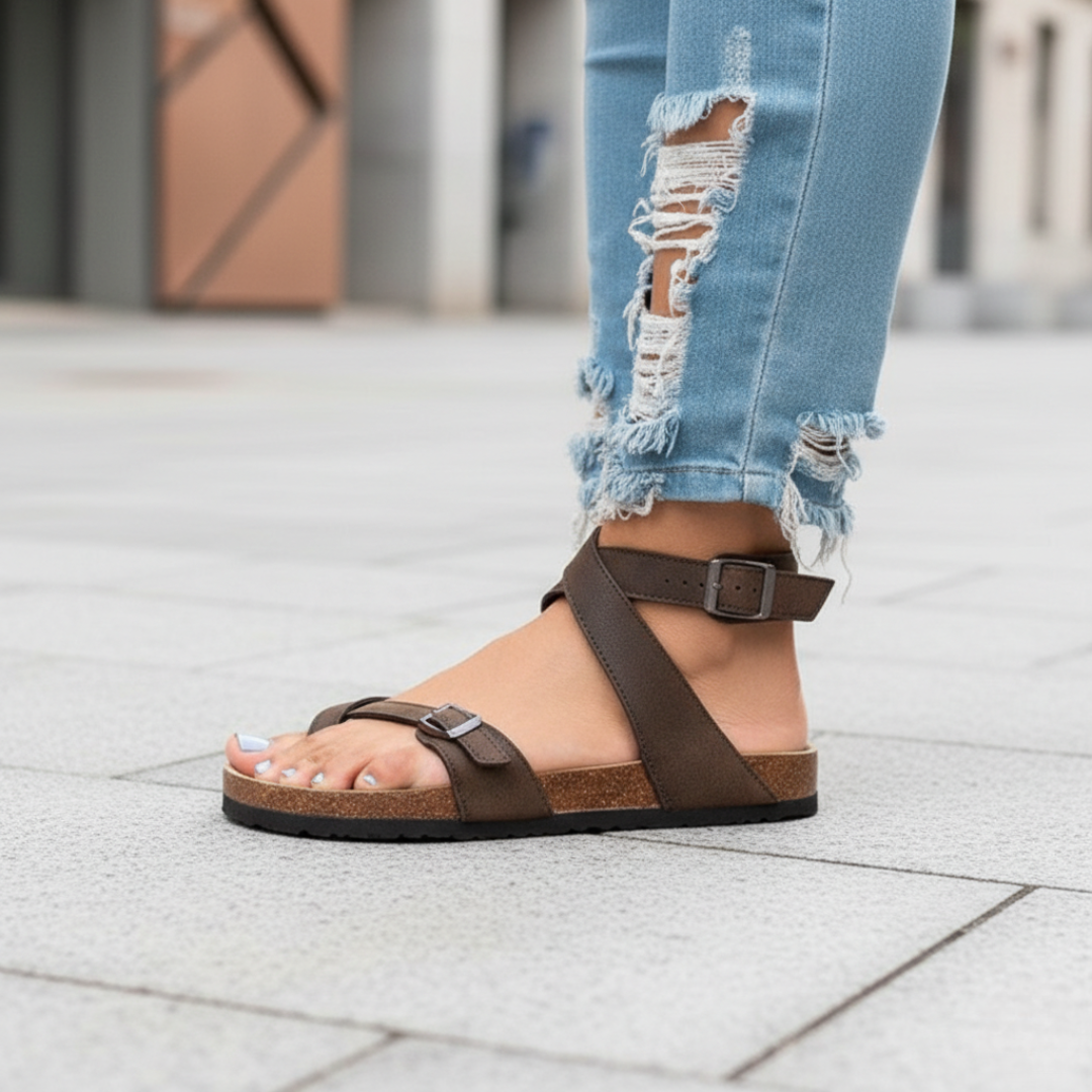 Footbed Sandals Toe Loop Adjustable Leather Strap Women Summer