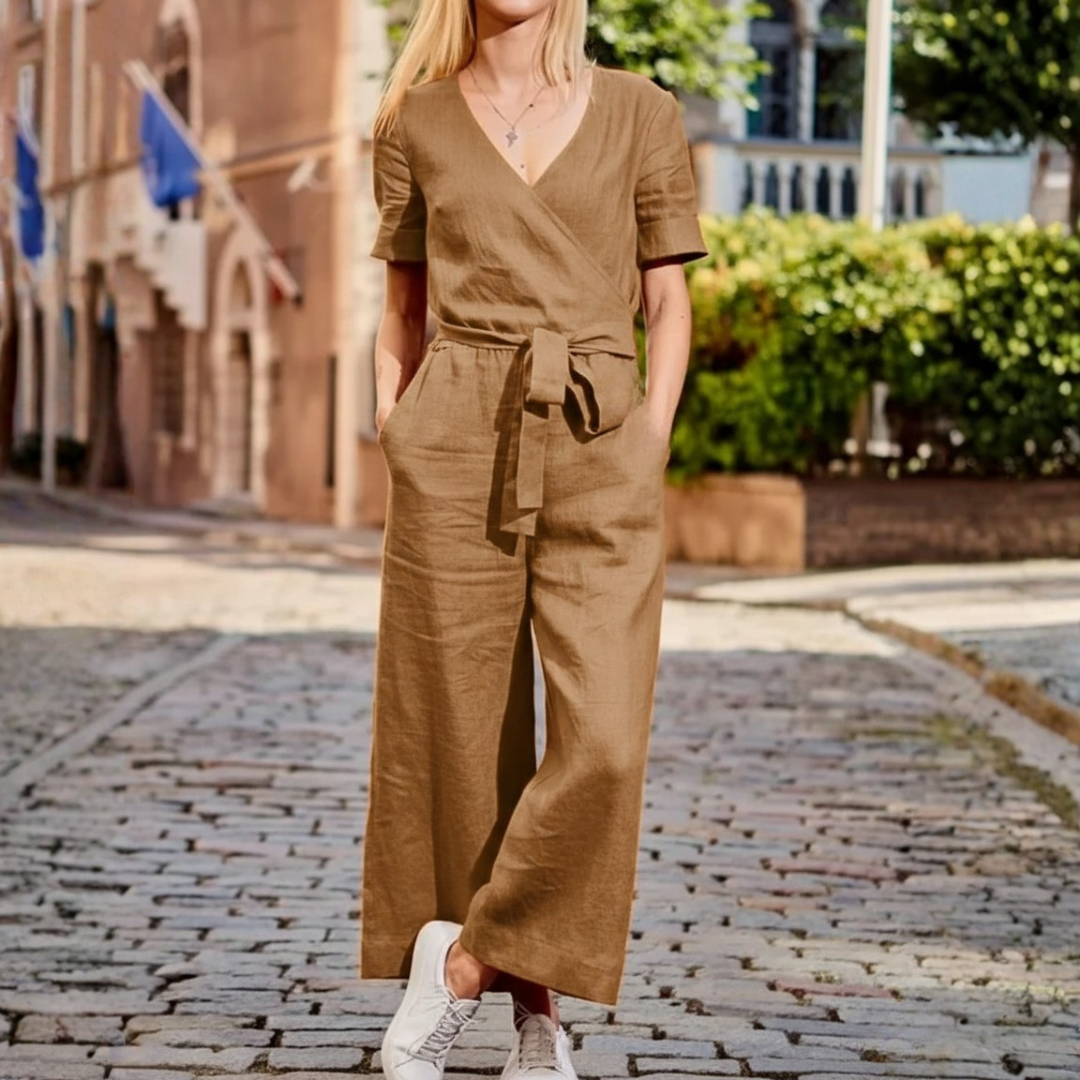 Combinaison à enfiler avec ceinture, manches courtes, jambes larges pour femme