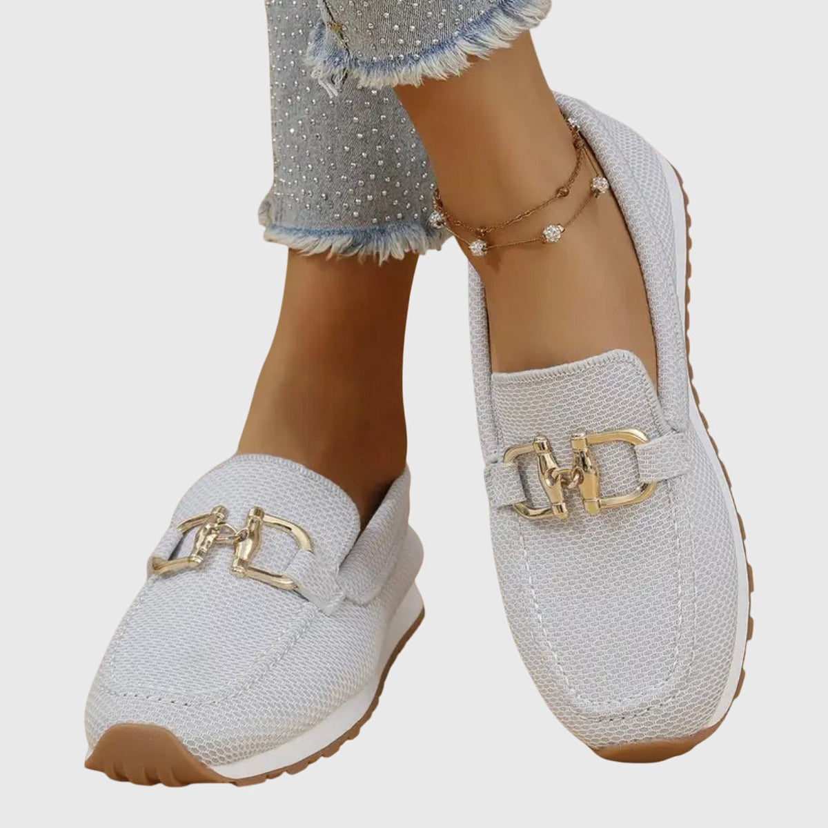Mocasines ortopédicos para mujer, sin cordones, plantilla acolchada, suela de goma, detalle metálico