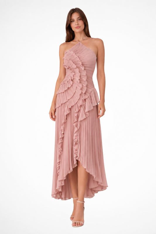 Vestido maxi para mujer con volantes, sin mangas, cuello halter y espalda descubierta, corte en línea A