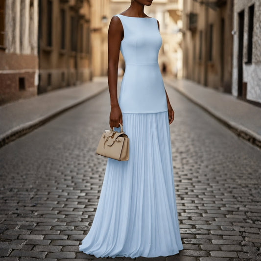 Vestido largo plisado sin mangas para mujer con escote barco