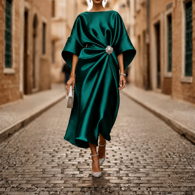 Robe mi-longue pour femme col en V manches coudes jupe évasée