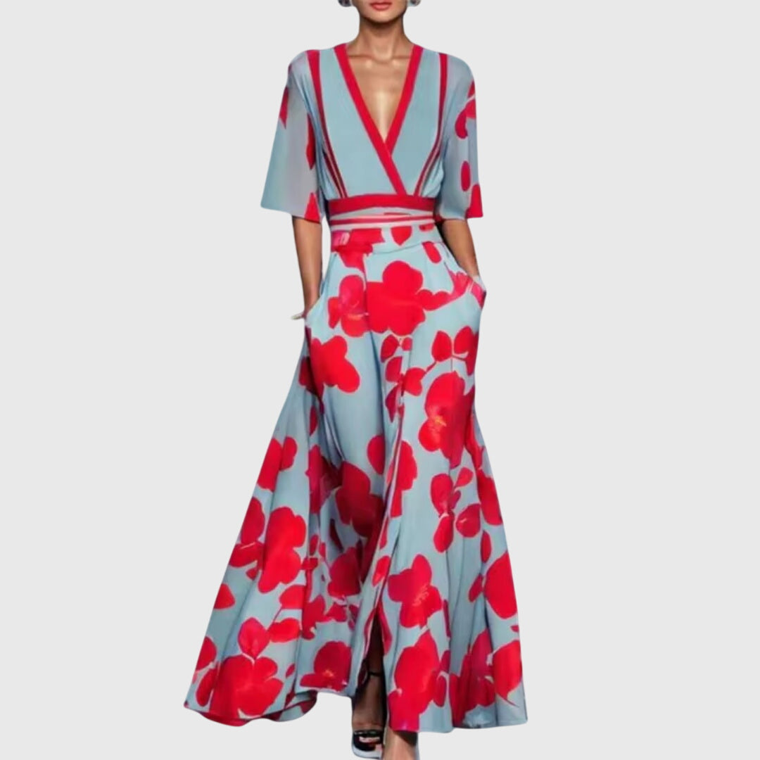 Women's Dress Satin Floral Long Sleeve V-Neck Belted Flared
