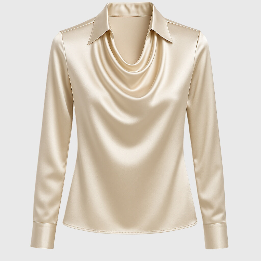 Women's Blouse Satin Button-Up Long Sleeve Pleated Collar
