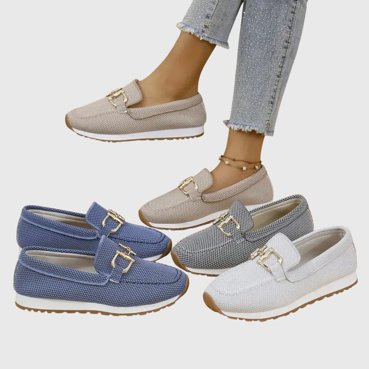 Mocasines ortopédicos para mujer, sin cordones, plantilla acolchada, suela de goma, detalle metálico