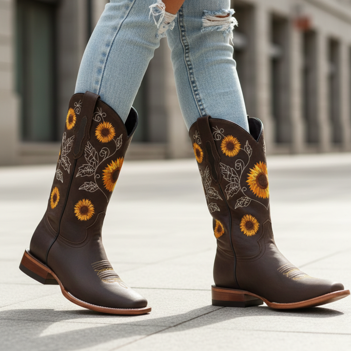 Cowboy Boots Mid-Calf Sunflower Embroidery Womens