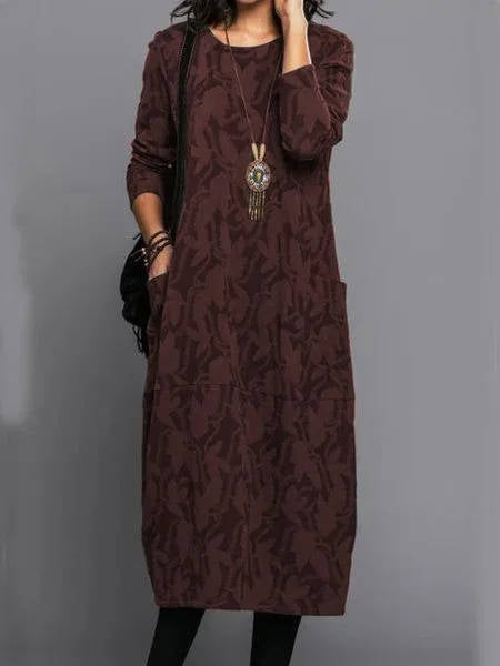 Women's Midi Dress Cotton Blend Floral Long Sleeve Round Neck Relaxed Fit With Pockets – Casual Work