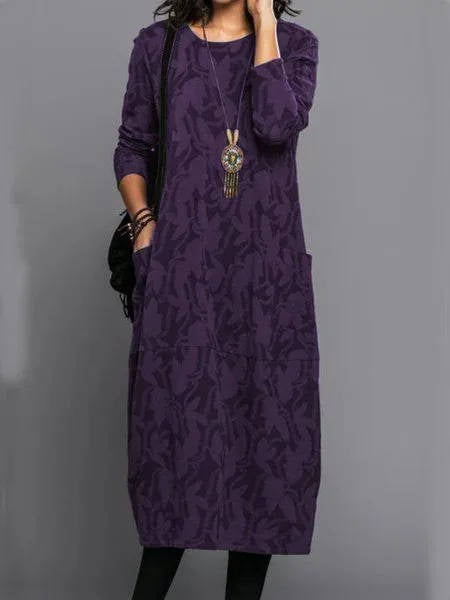 Women's Midi Dress Cotton Blend Floral Long Sleeve Round Neck Relaxed Fit With Pockets – Casual Work