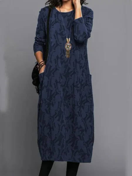 Women's Midi Dress Cotton Blend Floral Long Sleeve Round Neck Relaxed Fit With Pockets – Casual Work