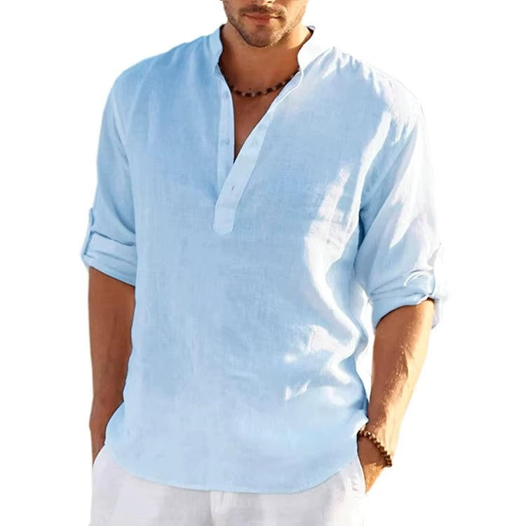 Men's Henley Shirt Linen Button Placket Long Sleeve Roll-Tab Regular Fit