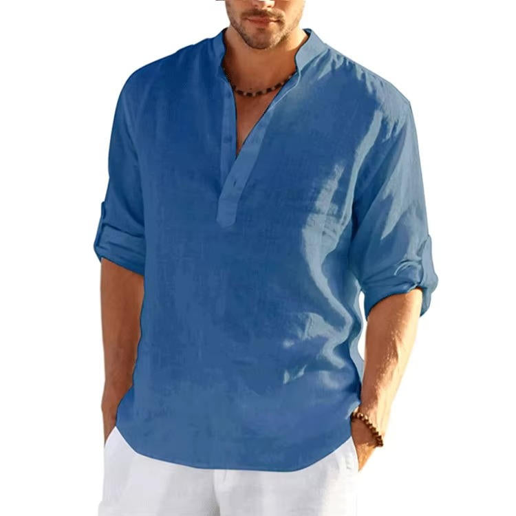 Men's Henley Shirt Linen Button Placket Long Sleeve Roll-Tab Regular Fit