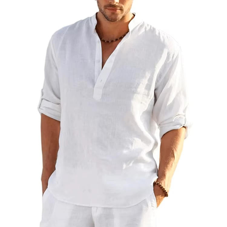 Men's Henley Shirt Linen Button Placket Long Sleeve Roll-Tab Regular Fit