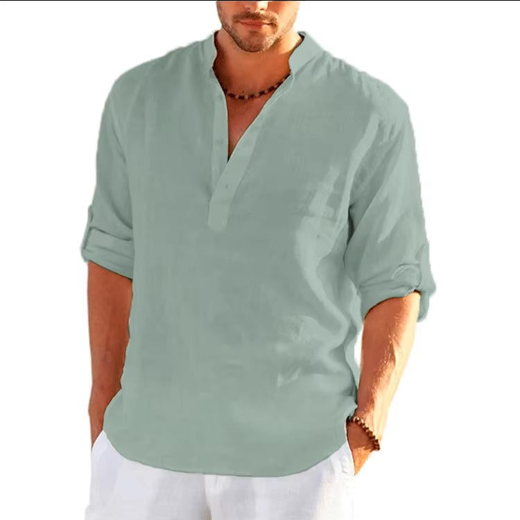 Men's Henley Shirt Linen Button Placket Long Sleeve Roll-Tab Regular Fit