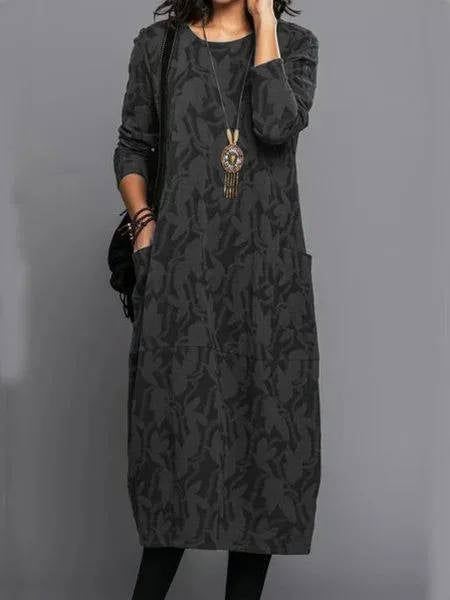 Women's Midi Dress Cotton Blend Floral Long Sleeve Round Neck Relaxed Fit With Pockets – Casual Work