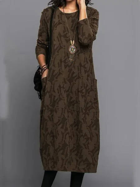 Women's Midi Dress Cotton Blend Floral Long Sleeve Round Neck Relaxed Fit With Pockets – Casual Work