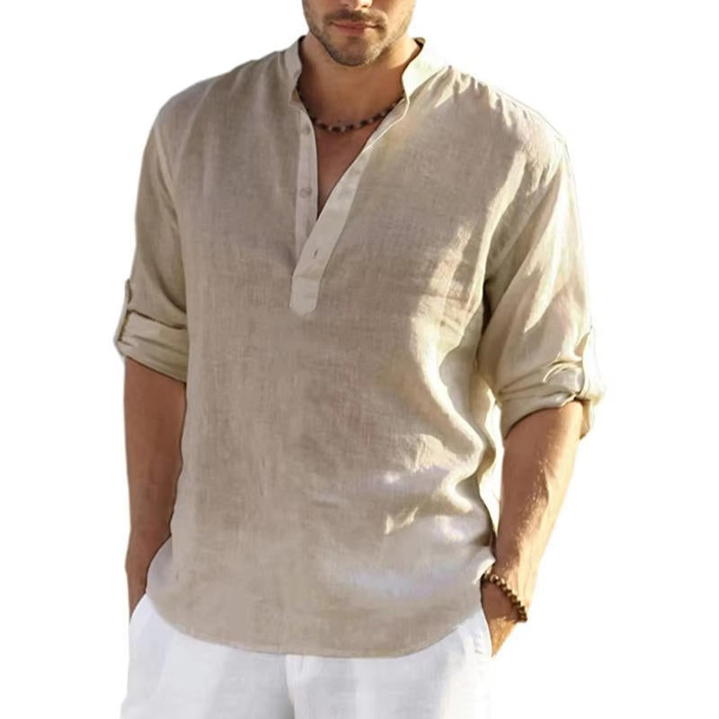 Men's Henley Shirt Linen Button Placket Long Sleeve Roll-Tab Regular Fit