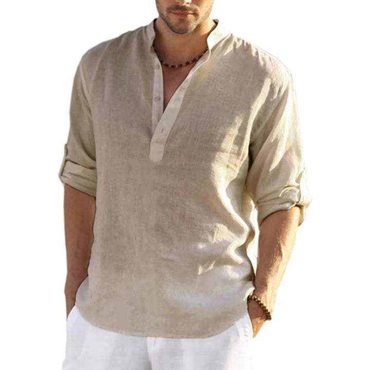 Men's Henley Shirt Linen Button Placket Long Sleeve Roll-Tab Regular Fit