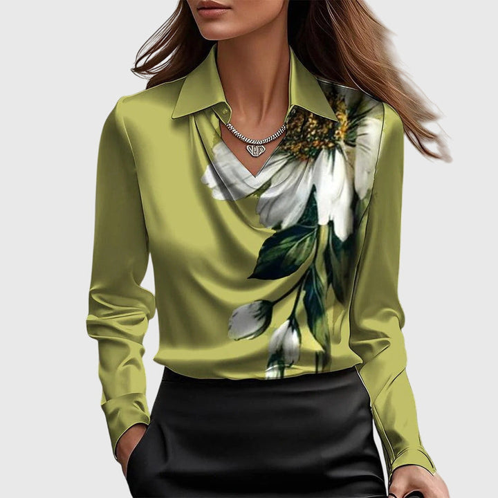 Women's Blouse Satin Button-Up Long Sleeve Pleated Collar