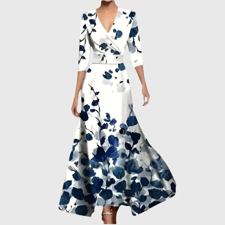 Vestido largo de mujer floral con escote en V, manga 3/4 y corte en A – Formal