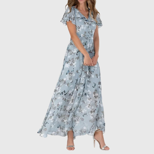 Vestido Maxi para Mujer Floral con Manga Corta, Escote en V y Fluido