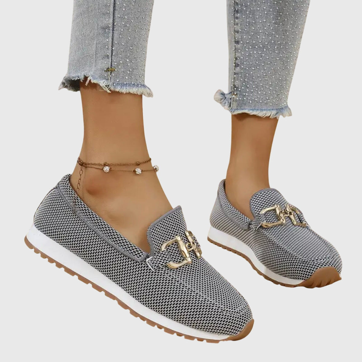 Mocasines ortopédicos para mujer, sin cordones, plantilla acolchada, suela de goma, detalle metálico