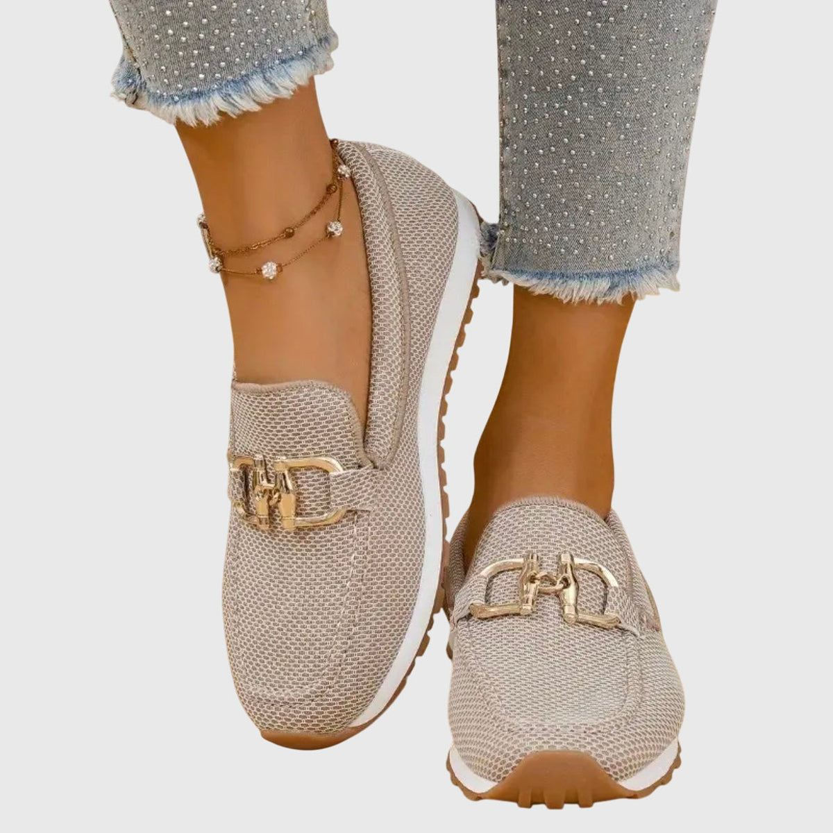 Mocasines ortopédicos para mujer, sin cordones, plantilla acolchada, suela de goma, detalle metálico