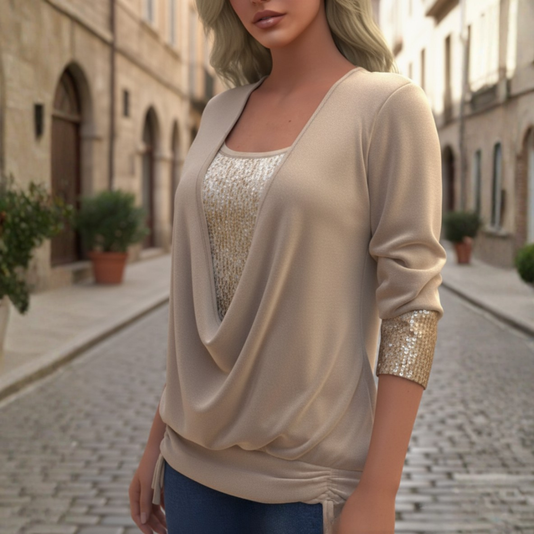 Blouse à manches longues avec col drapé et sequins, coupe décontractée pour femme