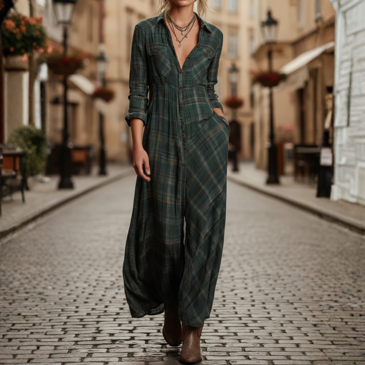 Women Plaid Button Down Maxi Dress