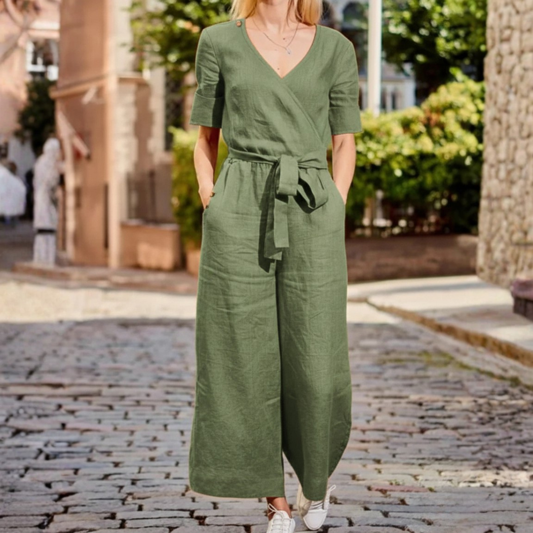 Combinaison à enfiler avec ceinture, manches courtes, jambes larges pour femme
