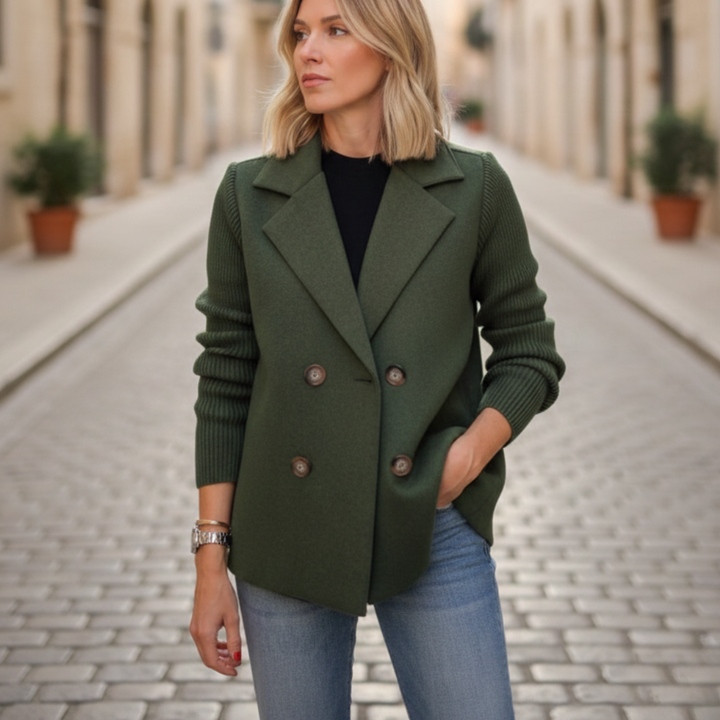 Blazer de Doble Botonadura con Mangas de Punto para Mujer