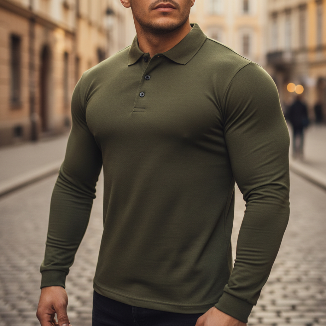 Camiseta de hombre con cuello tipo polo y mangas largas acanaladas